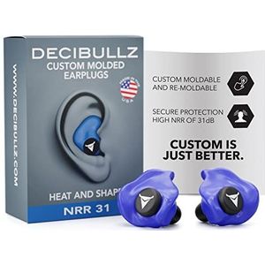 Decibullz Oordopjes, precies passend, blauw, comfortabele gehoorbescherming, demping 31 dB | slaap, concert, werk, sport | 3 maten, opbergtas | Made in USA