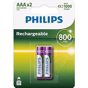 Philips R03B2A80 Oplaadbare batterij, 800 mAh, AAA, 2 stuks