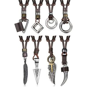 Diamday 8 stuks leren halskettingen voor mannen en vrouwen, halskettingen van leer met hangers, vintage, zwart, bruin, pijlstaart, wolf, tanden, dubbele ring, ketting, trui, statement, halsketting,
