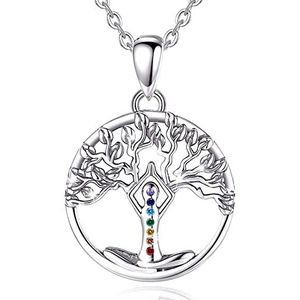 CELESTIA 7 chakra's halsketting levensboom hanger zilver 925 sieraden dames verjaardag cadeau moeder stiefmoeder zussen, Sterling Zilver, Zirkonia