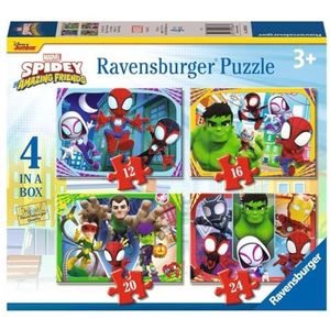 Ravensburger - Puzzel Spidey en zijn ongelooflijke vrienden, Marvel, kinderpuzzel, 4 puzzels in 12, 16, 20, 24 stukjes, puzzel voor kinderen vanaf 3 jaar, puzzelformaat 70 x 50 cm