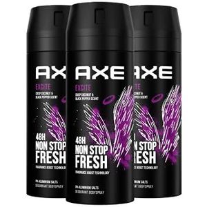 Axe Bodyspray Excite Deodorant zonder aluminium bestrijdt geurvormende bacteriën en onaangename geuren, 3 x 150 ml (3 stuks)