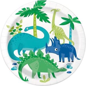 Unique 73884EU set van 8 milieuvriendelijke papieren borden, 18 cm, blauw en groen, dinosaurusdag, meerkleurig