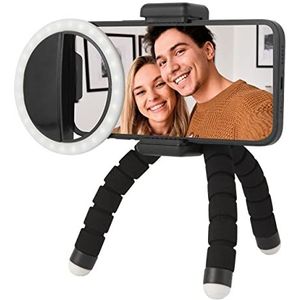 Intempo EE7221BLKSTKEU7 vlogging starter 2-in-1 set met clip on ring selfie light & tripod smartphonestandaard/houder, helderheid verstelbaar, flexibele poten, compatibel met de meeste telefoons