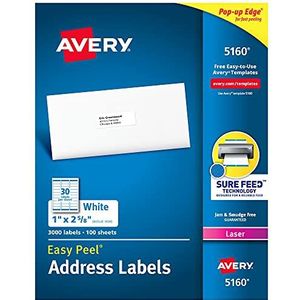Avery 5160 adreslabel White Self-adhesive label - Adreslabels (wit, zelfklevend label, laser, rechthoek met afgeronde hoeken, 3000 stuk(s), 100 vellen)