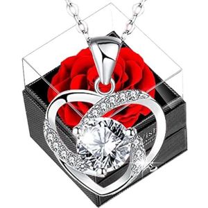 EKIMOS - Sieradendoos eeuwige roos met halsketting van 925 zilver in hart voor verjaardag, vrouw, Valentijnsdag, moeder, sterling zilver, Sterling zilver