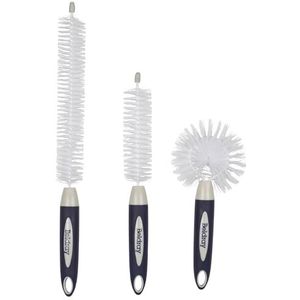 Beldray LA030117FEU7 Lot de 3 brosses à vaisselle à poils anti-rayures avec brosses larges, longues et courtes, têtes flexibles pour un nettoyage de précision, crochets de suspension, bleu marine,