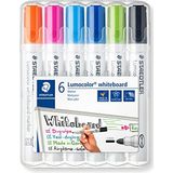 Staedtler Lumocolor 351 Whiteboard-marker, droog afwisbaar, zonder xyleen en tolueen en vrijwel geurloos, 2 mm ronde punt, ezel-etui met 6 verschillende kleuren, 351 WP6-1