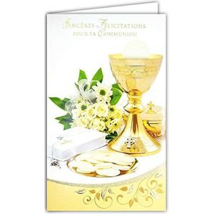 Afie 19-631 Wenskaart met envelop, felicitatie voor uw communie in goud, koperkleuren, glanzend, osties, katholisch, rozenkrans, twee bloemen, roze, wit, party, lente