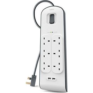 Belkin Verlengkabel met USB-sleuven x 2 (2,4 A gedeeld), 6-weg / 6 stopcontacten verlenging, 2 m overspanningsbeveiliging stekkerdoos - wit