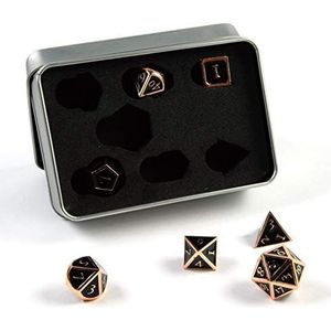 shibby 7 polyedrische dobbelstenen van metaal voor rollenspellen en tafelspellen steampunk in zwarte koperlook met opbergdoos