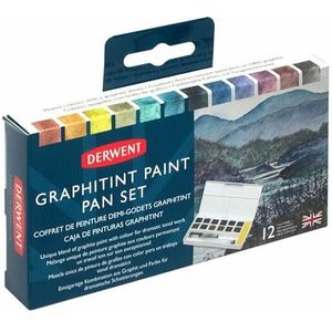 rexel Derwent Graphitint - Reisschilderpalet, 12 kleuren, waterborstel en spons inbegrepen, professionele kwaliteit, 2305790
