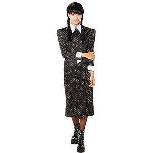 Rubies Wednesday Addams kostuum, dames, zwarte jurk, bedrukt, officiële woensdag voor Halloween, carnaval, party, cosplay