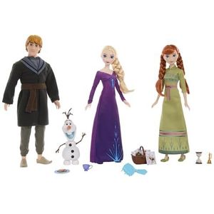 Disney Frozen De ijskoningin poppenset met 3 poppen Anna, Elsa en Kristof, 1 Olaf figuur en 12 speelelementen inbegrepen, speelgoed voor kinderen, vanaf 3 jaar, HLW59