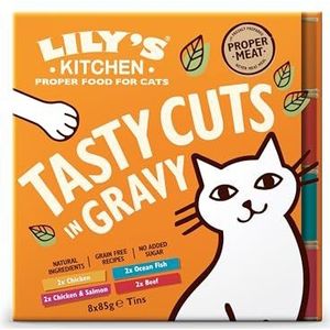 Lily's Kitchen Natuurlijk natvoer in doos voor volwassen katten, multipack heerlijke vleeshapjes in saus, graanvrij recept (8 x 85 g bakjes)