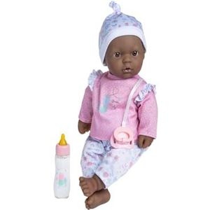 JC TOYS 15036 Afro-Amerikaanse babypop, 40 cm, heeft een zacht en wasbaar lichaam, magische fles en fopspeen, roze, bloemen, ontworpen in Spanje, 12 maanden