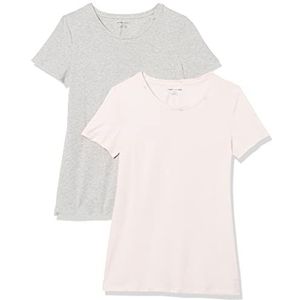 Amazon Essentials Set van 2 dames T-shirts met korte mouwen en ronde hals, klassieke pasvorm, lichtroze/lichtgrijs gemêleerd, maat XL