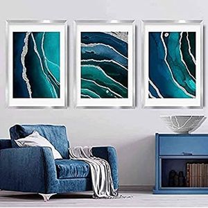 Artze Wall Art Abstracte kunstdruk, 40 x 50 cm, blauwgroen / blauw / zilver, 3 stuks