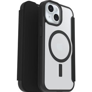 OtterBox React Series Folio beschermhoes voor iPhone 16e, 15, 14, 13, schokbestendig, met kaartsleuf, getest volgens militaire normen, transparant, zwart, levering zonder verpakking