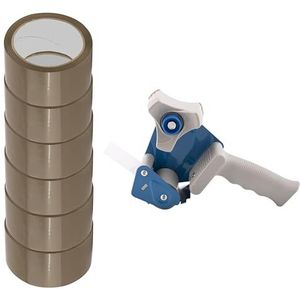 D.RECT Afroller voor plakband, met 6 rollen bruine tape, 50 m x 48 mm, dispenser voor verpakkingstape tot 50 mm breed, band voor het verpakken van pakketten en verzenddozen