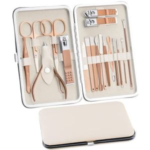 BillyBath 18-delige manicureset, nagelverzorgingsset, pedicure, voor dames en heren, nagelknipper, roestvrij staal, nageletui, draagbaar, voor op reis (roségoud)