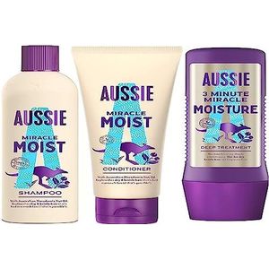 Aussie Miracle Moist Hydraterende routine met shampoo/conditioner/intensieve verzorging – voor droog en beschadigd haar met macadamia-notenolie