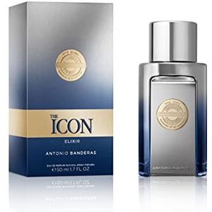 The Icon Elixir d'Antonio Banderas Eau de Parfum voor heren, langdurig, frisse, elegante en sexy geur, kruidige, marineblauwe en houtachtige noten, ideaal voor speciale evenementen, 50 ml