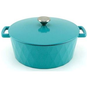 HearthStone Cookware - Diamond stoofpan van geëmailleerd gietijzer, turquoise, 28 cm, 6,9 liter, voor alle oppervlakken, ook inductie en oven.