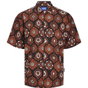 JACK & JONES Jornoto Linen AOP Ss Ln herenhemd met korte mouwen, zwart.