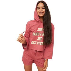 Trendyol Dames pyjama kort met gebreide slogan kaneel XL, Kaneel