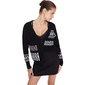 Trendyol Cardigan en tricot à col en V standard pour femme, Noir, S