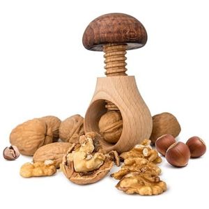 NERTHUS 1 x notenkraker in paddenstoelvorm en schroefmechanisme van hout