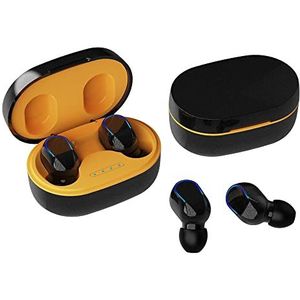 Rawrr Draadloze Bluetooth in-ear hoofdtelefoon met microfoon, knopbediening, 20 uur batterijduur met led-display, voor werk en studie, geel