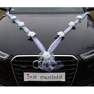 Autoschmuck Organza M autodecoratie voor bruiloft, organza lint en rozen, zuiverwit / wit