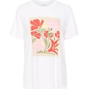 KAFFE Women's T-Shirt Round Neck Graphic Tee Reegular Fit Short Sleeves Femme, White/Pink Flower Print, L