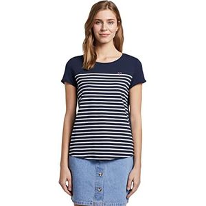 TOM TAILOR Denim Dames T-shirt met strepen en hartprint, marineblauw, Off White Stripe, XS, 22701 - Marineblauw Off White Stripe