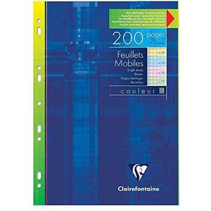 Clairefontaine 175112C – een kartonnen etui met 200 pagina's, geperforeerde losse vellen, 21 x 29,7 cm, 90 g, kleine ruitjes, diverse kleuren (50 pagina's in geel, roze, blauw en groen)