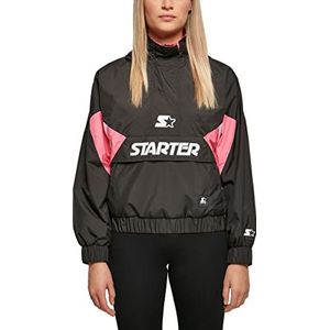 STARTER BLACK LABEL Dames windjack met logo print, achterzak, jas met halve ritssluiting en capuchon met koorden, zwart, XS-XL, zwart/roze grapefruit