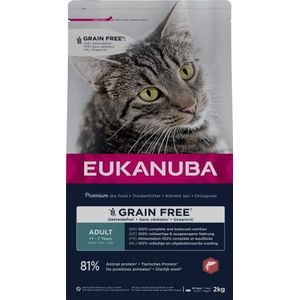 EUKANUBA Grain Free droogvoer voor volwassen katten, premium droogvoer rijk aan zalm voor katten, 2 kg