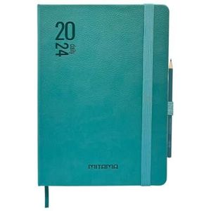 MITAMA Agenda Elegance Turquoise – Planner Quotidien – 12 mois 2024 – 366 pages + 66 contenus supplémentaires – Couverture en éco-cuir + crayon coordonné – 15 x 21 cm