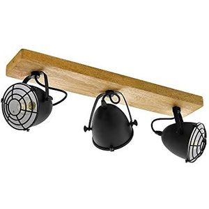EGLO Gatebeck plafondlamp, 3 fittingen, vintage, industrieel, retro, plafondspot van staal in zwart en hout, naturel, woonkamerlamp, keukenlamp met E14-fitting