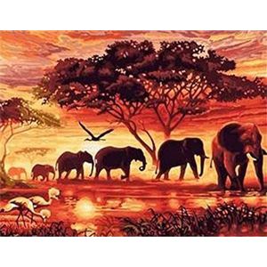 Diamond Painting Schilderset met olifanten in de savanne en accessoires, afmetingen: ca. 35 x 25 cm, knutselset om te schilderen met strass-steentjes voor kinderen vanaf 5 jaar
