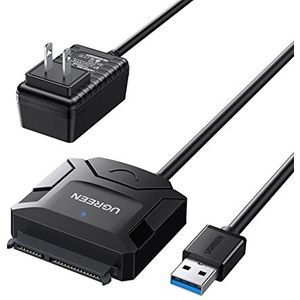 ugreen USB 3.0 naar SATA converteradapterkabel voor 6,3 cm/8,9 cm SATA/SSD harde schijf, Blu-Ray DVD speler, CD-ROM, DVD-ROM, CD-RW met 12V/2A USB 3.0 voeding, zwart
