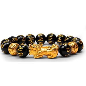 Katomi Zwarte feng shui kralenarmband, Chinese Pi Xiu armband, armband met obsidiaan voor voorspoed, met handgesneden amulet voor geluk en rijkdom, adventskalender 2022, 22cm