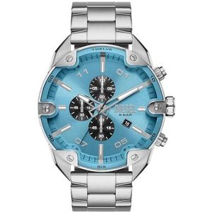 Diesel Spiked horloge voor heren, uurwerk met chronograaf en siliconen, roestvrij staal of leren band, Zilverkleur en lichtblauw, Armband