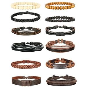 FIOROYAL 12 stuks gevlochten armband voor heren, kralenarmbanden, wikkel verstelbare houten leren armbanden, Leer, Geen edelsteen