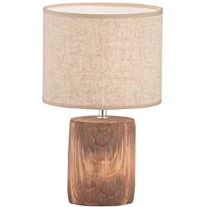 Fischer & Honsel Tafellamp Malik in houtlook met stoffen kap en snoerschakelaar, houtkleur en linnen in zandkleuren, hoogte 35 cm
