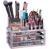 Relaxdays Make-up organizer acryl, 2-delige make-up bewaardoos met lippenstifthouder en 4 laden, transparant/roze