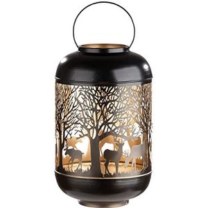 GILDE Metalen lantaarn - kerstdecoratie hertenbos - kleur: buiten zwart binnen goud - hoogte 38 cm