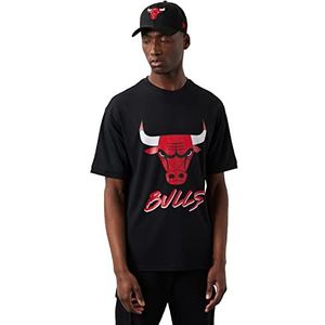 New Era Chicago Bulls NBA Script T-shirt voor heren, korte mouw, zwart, zwart.